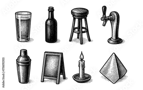 Hand-drawn bar elements set: glass, bottle, stool, tap, shaker, menu, candle, pyramid