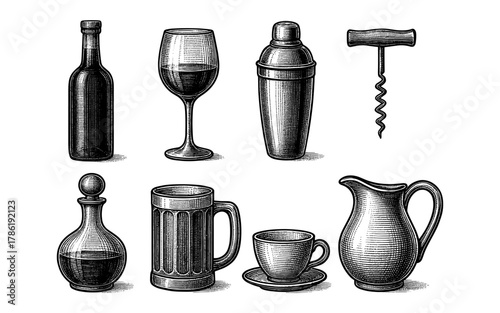 Vintage engraved barware and drinkware collection with wine and cocktail accessories