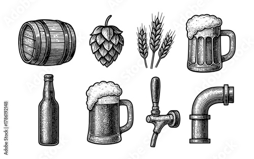 Hand drawn craft beer elements with barrels, hops, and wheat