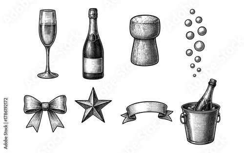 Elegant vintage celebration set with champagne and decorations