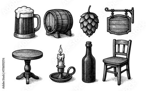 Vintage beer elements: retro set with wooden barrel, pint, hop, and pub furniture