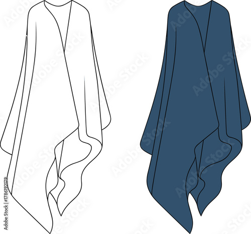 Poncho fashion flat sketch, draped cape garment design, cad drawing, vector illustration, asymmetrical clothing template, front and back view, apparel design
