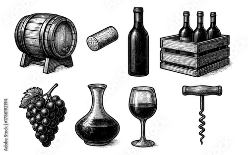 Vintage wine elements: hand-drawn barrel, bottles, grapes, corkscrew, and glassware