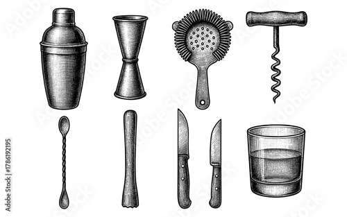 Vintage bar tools set featuring shaker, jigger, spoon, and glass in detailed engraving style