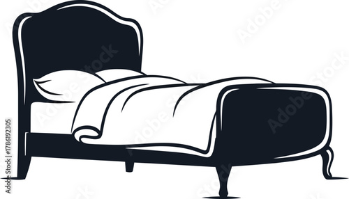 Vintage dark blue bed with white pillows and bedding on a white background furniture antique