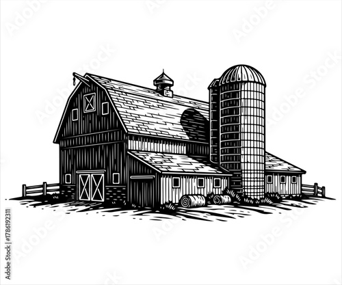 A classic American barn with a tall silo and surrounding fence, depicted in a detailed black and white woodcut illustration style.