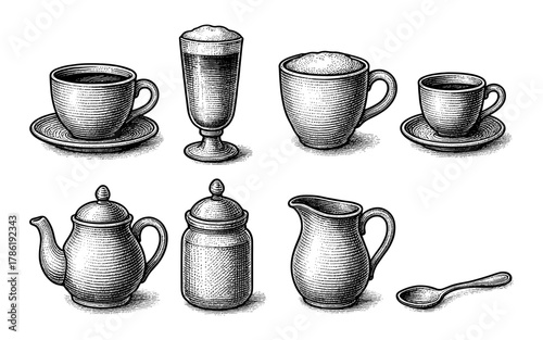 Vintage coffee and tea set with cups and teapots: hand drawn engraving style