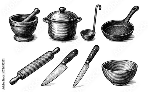 Vintage kitchenware collection featuring classic utensils and tools in detailed engraving style