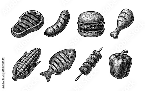Engraved food icons: grilled delights including burger, meat, and vegetables
