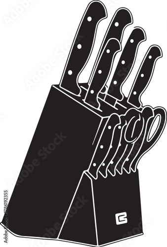 Angled Kitchen Knife Block Filled with Knives and Utensils vector illustration