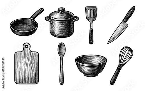 Vintage kitchenware collection: hand drawn cookware and utensils set