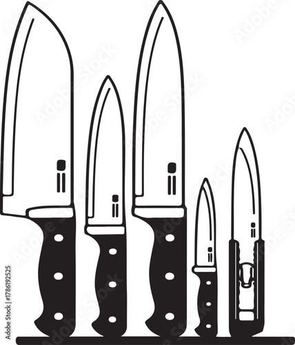 Black And White Outline Of Five Kitchen Knives On A Stand knife utensil