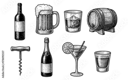 Vintage beverage set featuring wine, beer, and cocktails in detailed engraving style