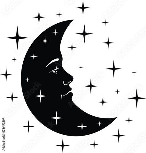 Black Crescent Moon With Face Surrounded By Stars human face profile