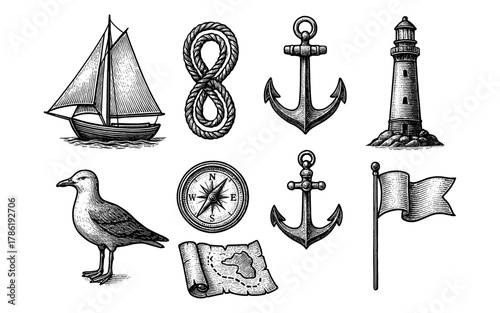 Nautical elements in vintage engraving style: sailboat, anchor, lighthouse, and more