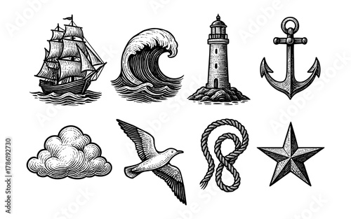 Vintage nautical ink drawings featuring ship, lighthouse, and ocean elements