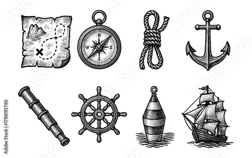 Vintage nautical set: map, compass, ship, anchor, telescope, wheel, knot, buoy art