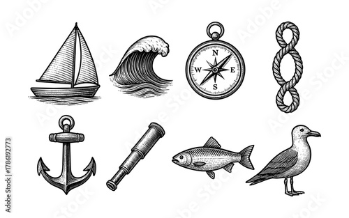 Vintage nautical elements: sailboat, wave, compass, and more in engraved style