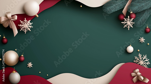 A beautifully Christmas decoration on a rich green background, adorned with red and white baubles on the sides, arranged in a flat lay, top view style with plenty of space for your holiday text.