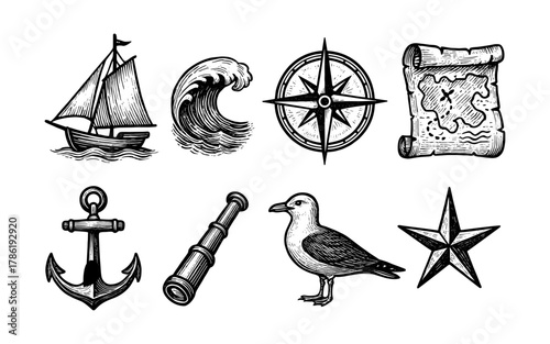 Nautical set with ship, compass, and sea elements in vintage style