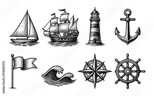 Vintage nautical icons with lighthouse, sailboat, anchor, and compass elements