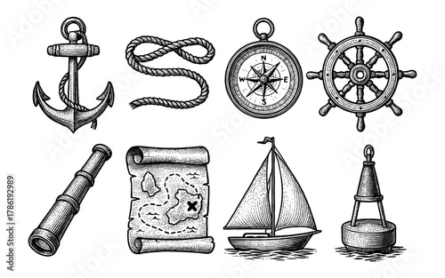 Retro nautical elements: vintage anchors, compass, sailing ship, and maritime map