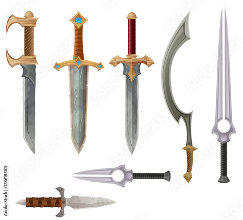 detailed vector illustration showing a variety of fantasy and ancient weapons and shields the image features swords, axes, hammers, spears, and torches