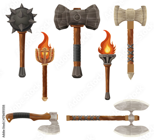 detailed vector illustration showing a variety of fantasy and ancient weapons and shields the image features swords, axes, hammers, spears, and torches