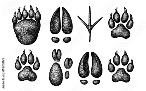 Vintage animal tracks set: detailed engraved paw and hoof prints collection