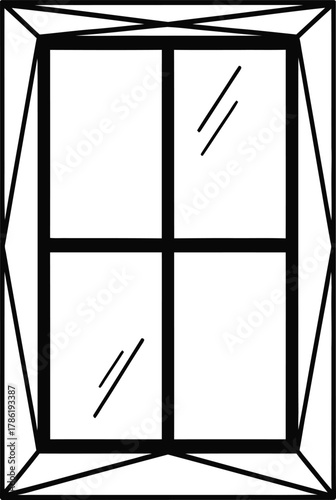 Geometric Black Outline of a Four- Pane Window on White Background frame glass