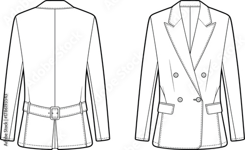 Women’s blazer flat sketch, cad drawing, vector illustration, double breasted jacket design, fashion garment template, front and back viewPrint