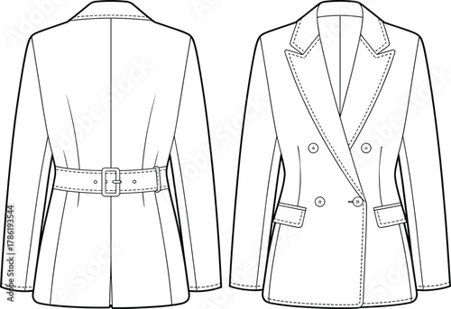 Women’s blazer flat sketch, cad drawing, vector illustration, double breasted tailored jacket design, fashion garment template, front and back view
