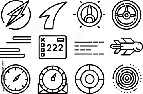 Speed and Performance Line Icons Set – Automotive Dashboard, Data Analytics, Velocity Symbols Vector