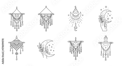 Mystical boho art collection featuring celestial, moon and esoteric elements in line art style