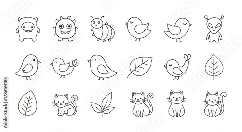 Collection of charming hand-drawn doodles featuring whimsical creatures and natural elements for