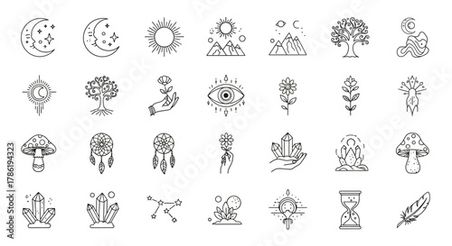Collection of mystic and bohemian symbols, a set of minimalist line art icons