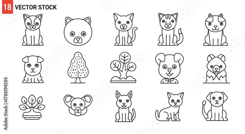 Charming minimalistic line art collection of pets and plants for playful designs and illustrations