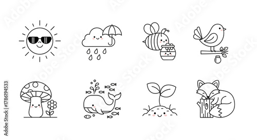 Collection of adorable minimalist line art illustrations depicting nature and animals icons