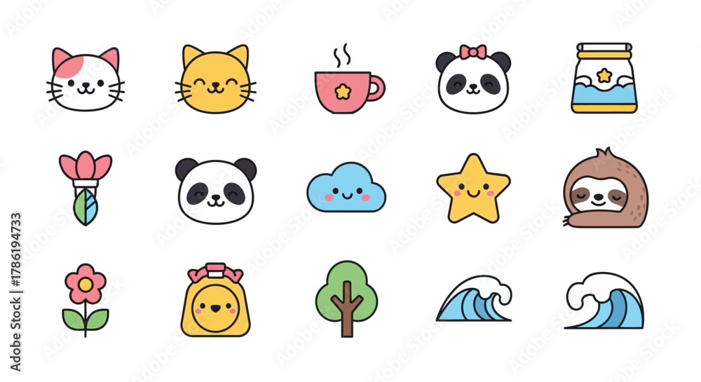 Fototapeta premium Adorable kawaii style icons featuring playful animals, nature elements and everyday objects