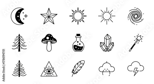 Magical symbols collection representing cosmic and mystical elements in minimalist style