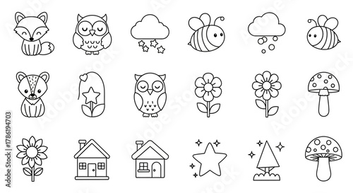 Collection of adorable cartoon vector line art icons featuring animals and nature elements