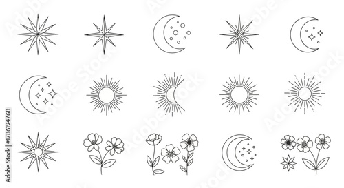 Assortment of minimalist celestial and floral elements ideal for various designs