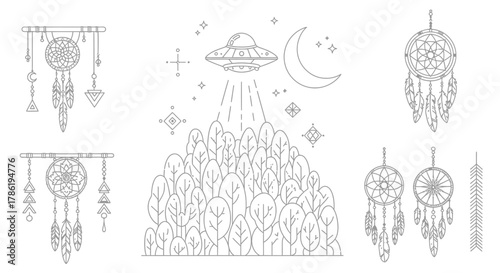 Minimalist design showcasing dreamcatchers and a ufo over a forest with a crescent moon