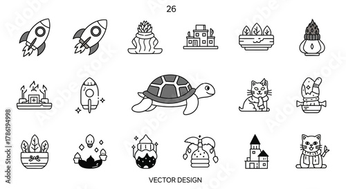 Assorted vector icon set featuring rockets, plants, buildings, turtle, cats and decorative elements