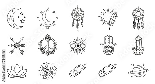 Assortment of mystical and esoteric icons in black and white line art illustration