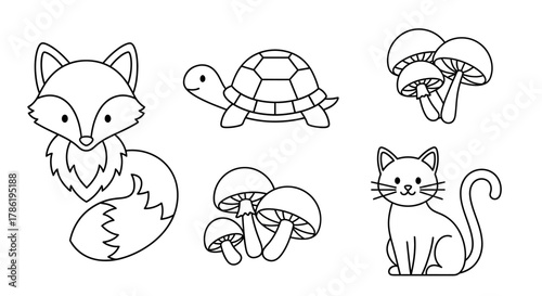 Delightful collection of woodland creatures and fungi in monochrome line art style