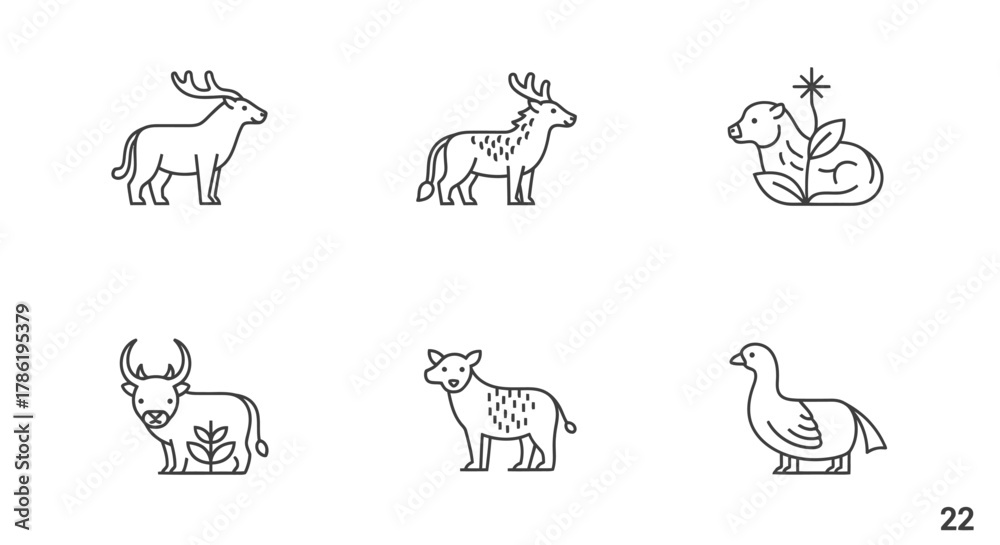 Fototapeta premium Minimalist line art illustrations featuring a diverse range of animals in simple graphic style