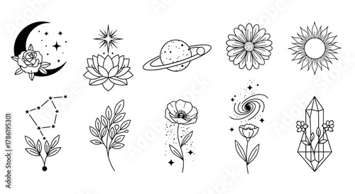 Whimsical Line Art Collection: Celestial Bodies, Flora, and Geometric Forms
