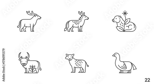 Minimalist line art illustrations featuring a diverse range of animals in simple graphic style