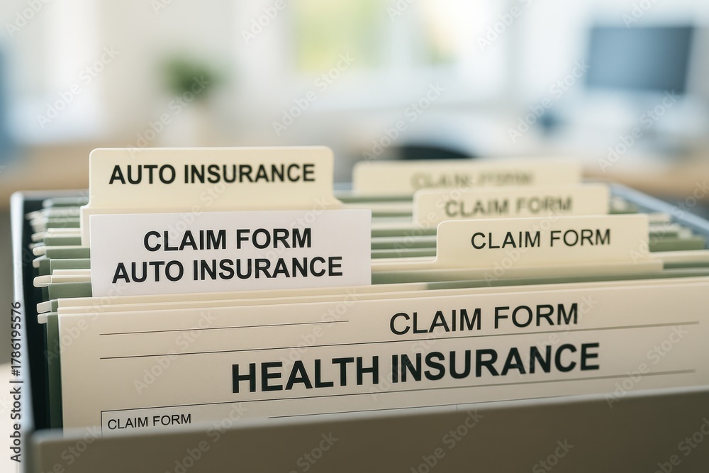 Obraz premium Organized insurance claim forms for auto and health insurance in a professional office setting. Concept of administrative efficiency, documentation, and insurance processes.